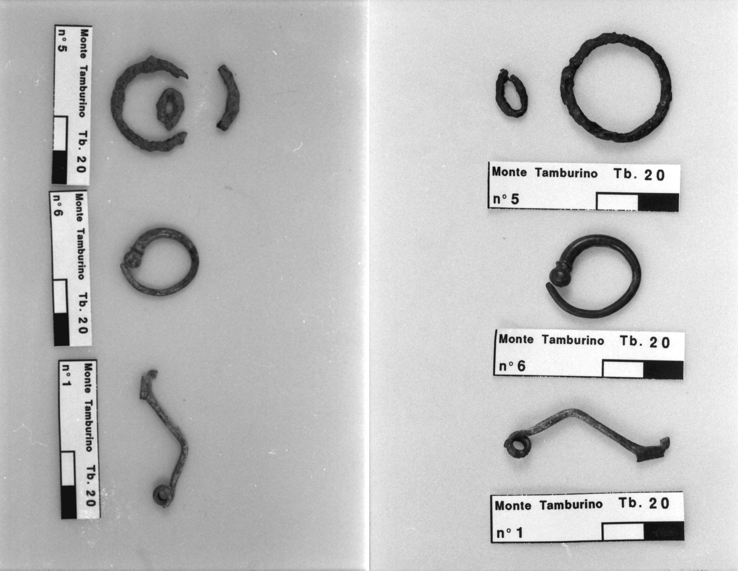 fibula in bronzo tipo Certosa, orecchino di ferro, anello aperto prima e dopo il restauro